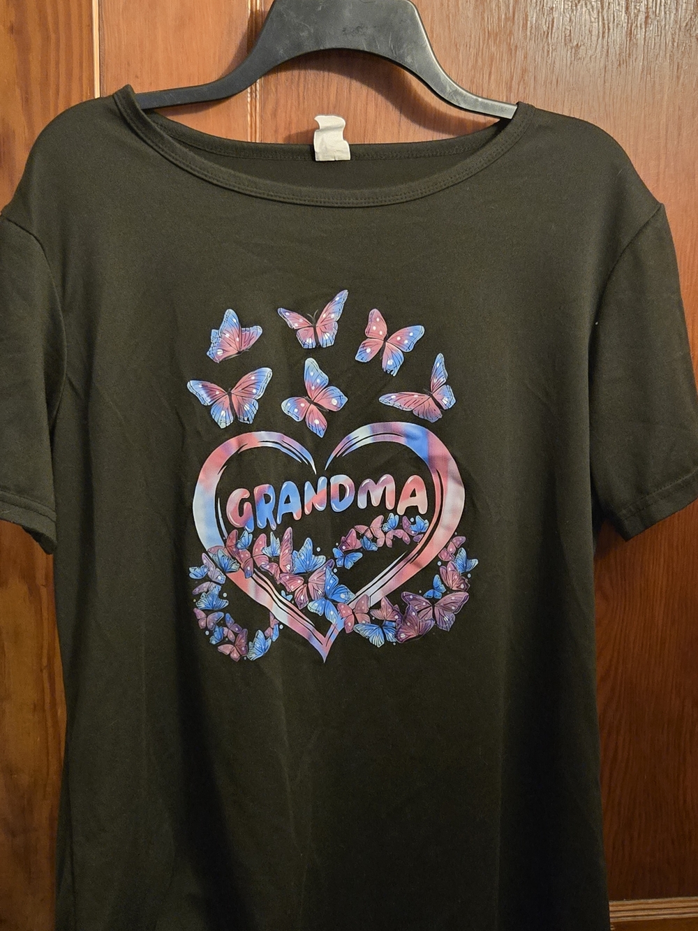 Grandma Short-Sleeve Tee with Pink & Blue Butterfly Heart - Black